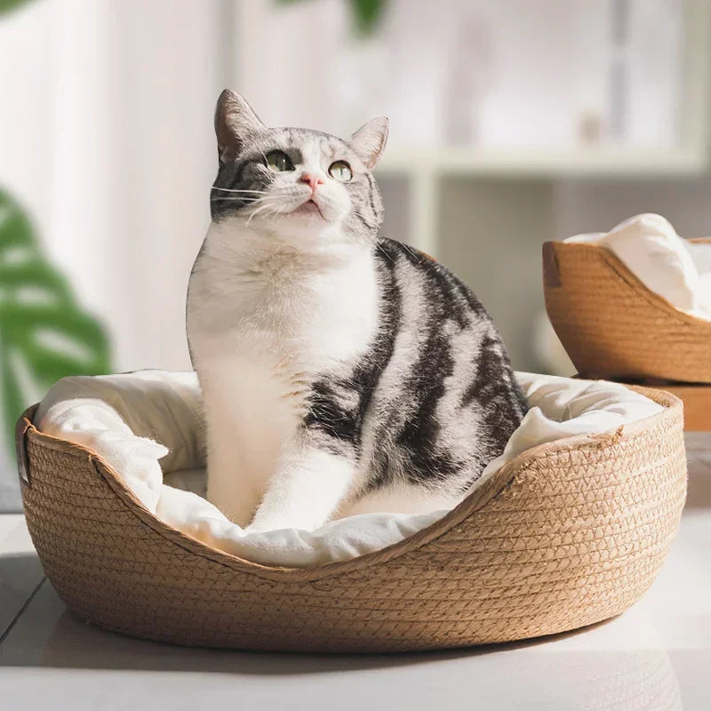 Cozy Nest: Bamboo Weaving Pet Bed - Soft Sofa for Cats & Dogs with Removable Waterproof Cushion