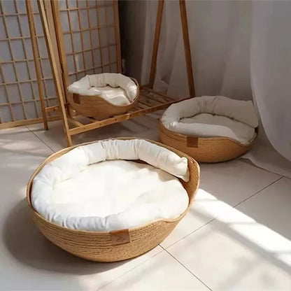 Cozy Nest: Bamboo Weaving Pet Bed - Soft Sofa for Cats & Dogs with Removable Waterproof Cushion