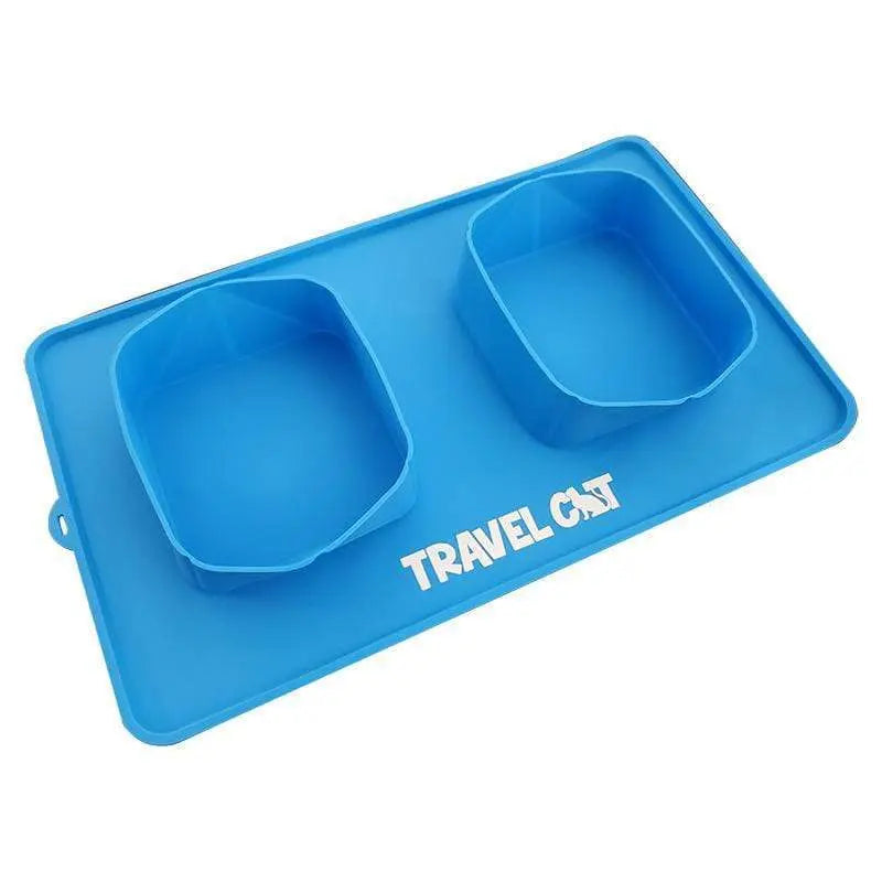 The Travel Buddy: Foldable Double Bowl & Mat - Portable Food & Water Dish Set for Cats and Dogs