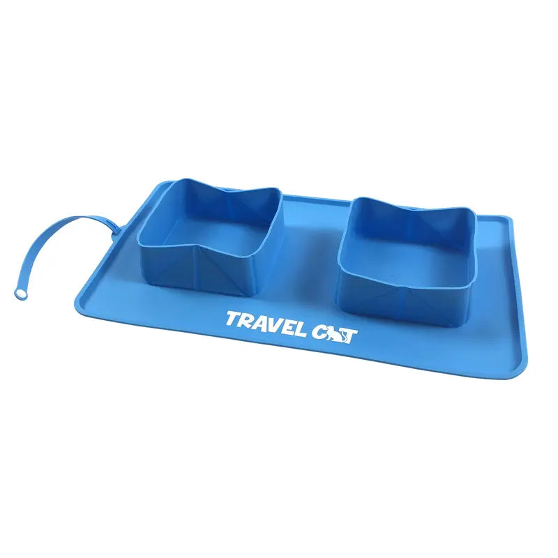 The Travel Buddy: Foldable Double Bowl & Mat - Portable Food & Water Dish Set for Cats and Dogs