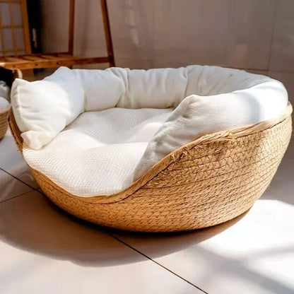 Cozy Nest: Bamboo Weaving Pet Bed - Soft Sofa for Cats & Dogs with Removable Waterproof Cushion