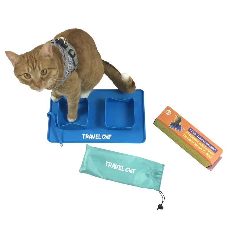 The Travel Buddy: Foldable Double Bowl & Mat - Portable Food & Water Dish Set for Cats and Dogs