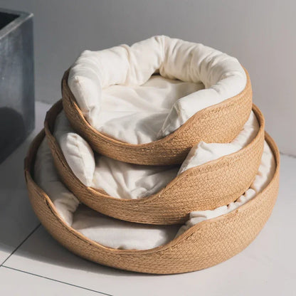 Cozy Nest: Bamboo Weaving Pet Bed - Soft Sofa for Cats & Dogs with Removable Waterproof Cushion